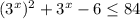 (3^{x} )^{2} + 3^{x} - 6\leq 84