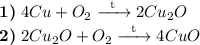 \textbf{1)} \hspace{1mm} 4Cu + O_{2} \xrightarrow{\text{\hspace{2mm}t\hspace{2mm}}} 2Cu_{2}O \\ \textbf{2)} \hspace{1mm} 2Cu_{2}O + O_{2} \xrightarrow{\text{\hspace{2mm}t\hspace{2mm}}} 4CuO