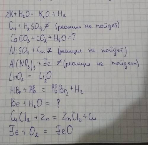 Допишите практически осуществимые реакции: K + H2O = Сu + H2SO4 (разб.) = CaCO3 + СO2 + H2O = Ni SO4