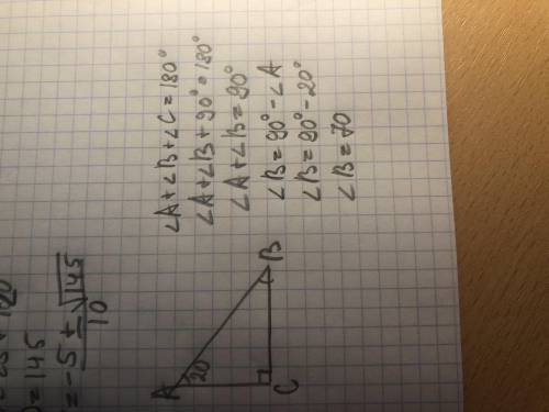 Один из острых углов прямоугольного треугольника 20 найдите остальные