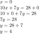 x = 0 \\10x + 7y = 28 + 0 \\ 10 \times 0 + 7y = 28 \\ 7y = 28 \\ y = 28 \div 7 \\ y = 4