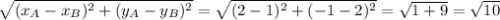 \sqrt{(x_{A} - x_{B})^{2} + (y_{A}- y_{B} )^{2}}=\sqrt{(2-1)^{2}+(-1-2)^{2} }=\sqrt{1+9}= \sqrt{10}