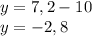 y=7,2-10\\y=-2,8