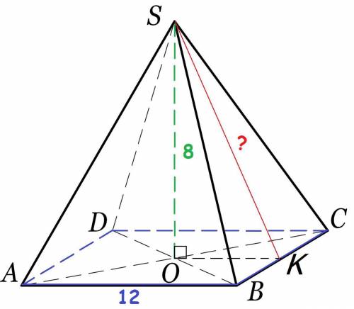 По стороне основания 12 и высоте 8 найдите апофему правильной четырёхугольной пирамиды.