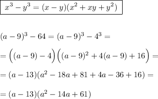 \boxed {\; x^3-y^3=(x-y)(x^2+xy+y^2)\; }\\\\\\(a-9)^3-64=(a-9)^3-4^3=\\\\=\Big((a-9)-4\Big)\Big((a-9)^2+4(a-9)+16\Big)=\\\\=(a-13)(a^2-18a+81+4a-36+16)=\\\\=(a-13)(a^2-14a+61)