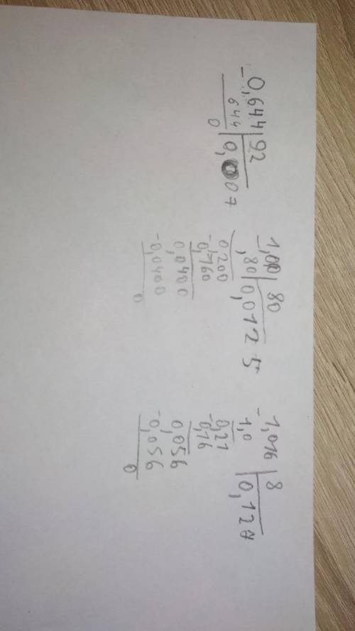 Разделите в столбик десятичные дроби 0,644:92=1:80=1,016:8=​