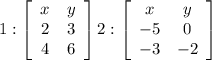 1:\left[\begin{array}{ccc}x&y\\2&3\\4&6\end{array}\right] 2:\left[\begin{array}{ccc}x&y\\-5&0\\-3&-2\end{array}\right]