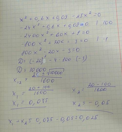 Х^2+0,6х +0.09-25х^2=0 (решите уровнение и сложите сумму их корней)