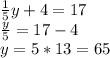 \frac{1}{5}y+4=17\\\frac{y}{5}=17-4\\y=5*13=65