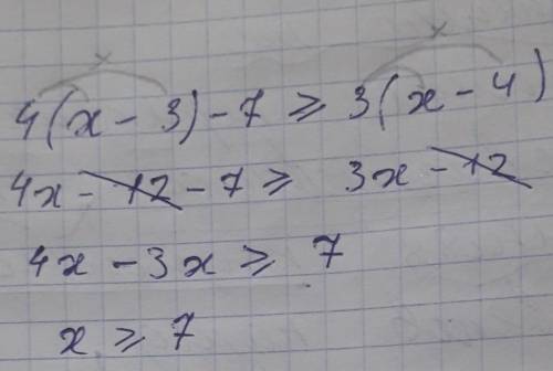 Наименьшее целое решение неравенства 4(x−3)−7≥3(x−4) равно