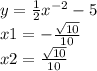 y = \frac{1}{2} x ^{ - 2} - 5 \\ x1 = - \frac{ \sqrt{10} }{10} \\ x2 = \frac{ \sqrt{10} }{10}