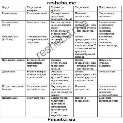 5. Составьте таблицу «Отряды насекомых», указав для каждогоотряда представителя, тип ротового аппара