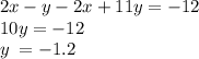 2x - y - 2x + 11y = - 12 \\ 10y = - 12 \\ y \: = - 1.2