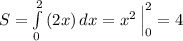 S=\int\limits^2_0\, (2x)\, dx=x^2\, \Big|_0^2=4