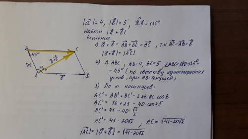 Даны векторы а и в, а=4,в=5. угол(а, в) =135°найти |ветора а+ вектора в|​