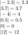 | - 2.3 | = 2.3 \\ |3.7| = 3.7 \\ | - 4| = 4 \\ |0.5| = 0.5 \\ |0| = 0 \\ |12 | = 12 \\