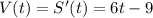 V(t) = S'(t) = 6t - 9