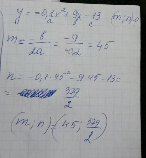 Найди координаты вершины параболы y=−0,1x2+9x−13. ( ; )