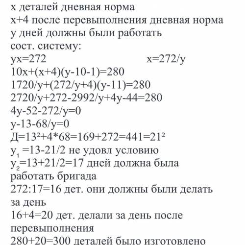 Бригада рабочих должна была в определенный срок изготовить 272 детали. Через 10 дней после начала ра