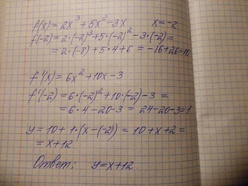 Составьте уравнение касательной к графику функции f(x)=2x^3+5x^2-3x в точке с абсциссой x=-2