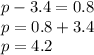 p-3.4=0.8\\p=0.8+3.4\\p=4.2