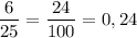 \dfrac{6}{25}=\dfrac{24}{100}=0,24