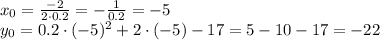 x_0=\frac{-2}{2\cdot 0.2}=-\frac{1}{0.2}=-5 \\y_0=0.2\cdot(-5)^2+2\cdot (-5)-17=5-10-17=-22