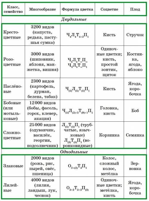 составьте таблицу класса однодольные и двудльные :название семейства,формула цветка,соцветие,плод,пр