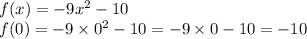 f(x) = - 9 {x}^{2} - 10 \\ f(0) = - 9 \times {0}^{2} - 10 = - 9 \times 0 - 10 = - 10