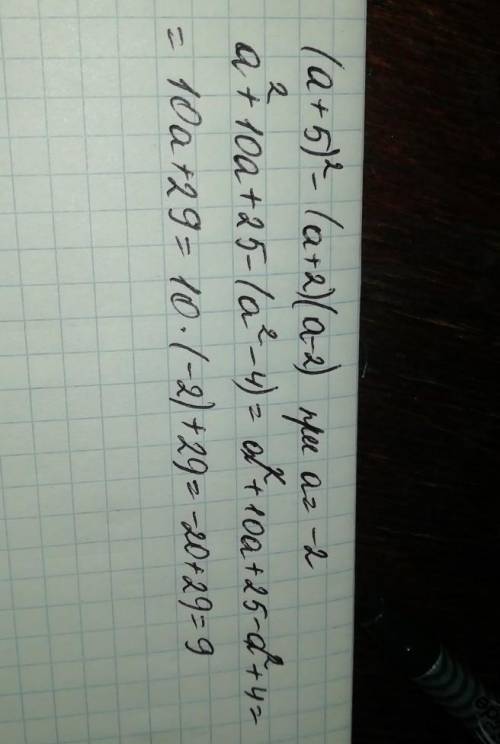 У выражение и найти его значение при а= -2: (а + 5)^2 – (а + 2)(а – 2).​