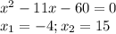 x^{2} -11x-60=0\\x_{1}=-4; x_{2}=15