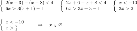 \left\{\begin{array}{l}2(x+3)-(x-8)3(x+1)-1\end{array}\right\; \; \left\{\begin{array}{l}2x+6-x+83x+3-1\end{array}\right\; \; \left\{\begin{array}{l}x2\end{array}\right\\\\\\\left\{\begin{array}{l}x\frac{2}{3}\end{array}\right\qquad \Rightarrow \quad x\in \varnothing