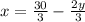 x=\frac{30}{3}-\frac{2y}{3}