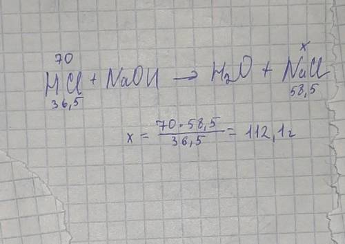 Определить массу соли, которая образуется при взаимодействии 70 г соляной кислоты с гидроксидом натр