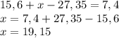 15,6+x-27,35=7,4\\x=7,4+27,35-15,6\\x=19,15