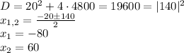 D=20^2+4\cdot 4800=19600=|140|^2\\x_{1,2}=\frac{-20\pm140}{2} \\x_1=-80\\x_2=60