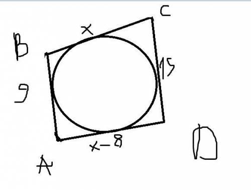 Четырёхугольник АВСD описан около окружности, причём АВ = 9 см, CD = 15 см, сторона АD на 8 см меньш