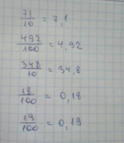 Запишите в виде десятичной дроби: 71/10; 492/100; 348/10; 18/100; 19/100;​