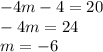 - 4m - 4 = 20 \\ - 4m = 24 \\ m = - 6