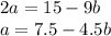 2a = 15 - 9b \\ a = 7.5 - 4.5b