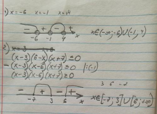 1.(х+6)(х+1)(х-4)<02.(х-3)(6-х)(х+7)<=0решить методам интервалов​