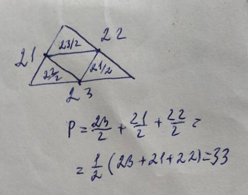 В треугольнике стороны равны 21см, 22см,23 см. Найти периметр треугольника, образованного средними л
