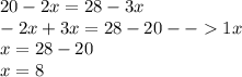 20-2x=28-3x\\-2x+3x=28-20--1x\\x=28-20\\x=8