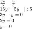 \frac{3y}{5}=\frac{y}{5}\\15y=5y\ \ \ |:5\\3y-y=0\\2y=0\\y=0