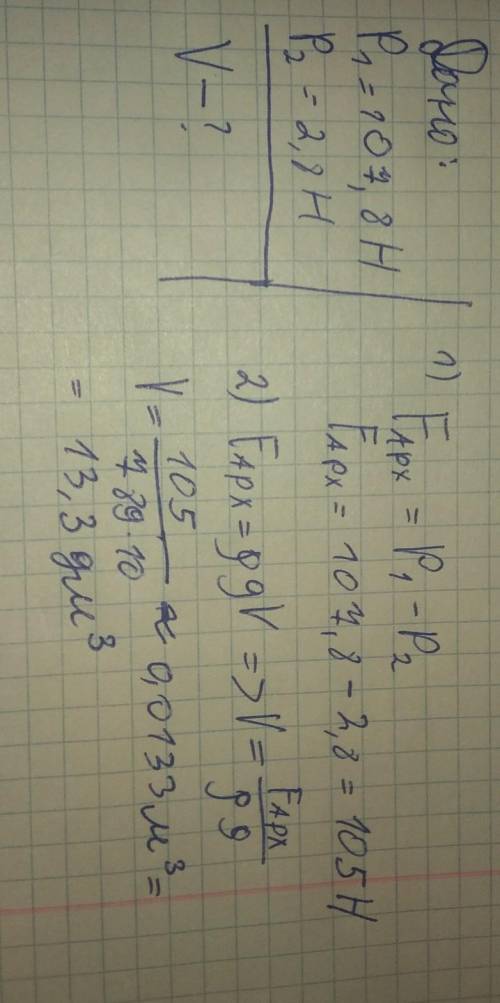 Тело растянуло в воздухе пружину динамометра с силой 107,8 Н, а в спирте — с силой 2,8Н. Чему равен