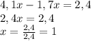 4,1x-1,7x=2,4\\2,4x=2,4\\x=\frac{2,4}{2,4}=1