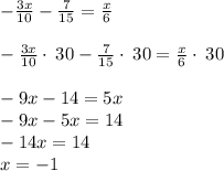 -\frac{3x}{10}-\frac{7}{15}=\frac{x}{6}\\\\-\frac{3x}{10}\cdot \:30-\frac{7}{15}\cdot \:30=\frac{x}{6}\cdot \:30\\\\-9x-14=5x\\-9x-5x=14\\-14x=14\\x=-1