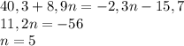 40,3 + 8,9n = -2,3n - 15,7\\11,2n=-56\\n=5