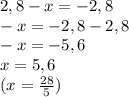 2,8-x=-2,8\\-x= -2,8-2,8\\-x= -5,6\\x=5,6 \\(x=\frac{28}{5})