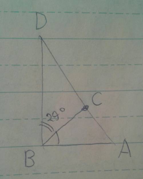 Дан прямоугольный треугольник BDA. BC — отрезок, который делит прямой угол DBA на две части. Сделай